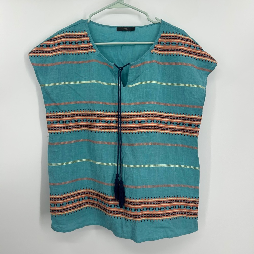 THML Teal Boho Striped Tassel Blouse